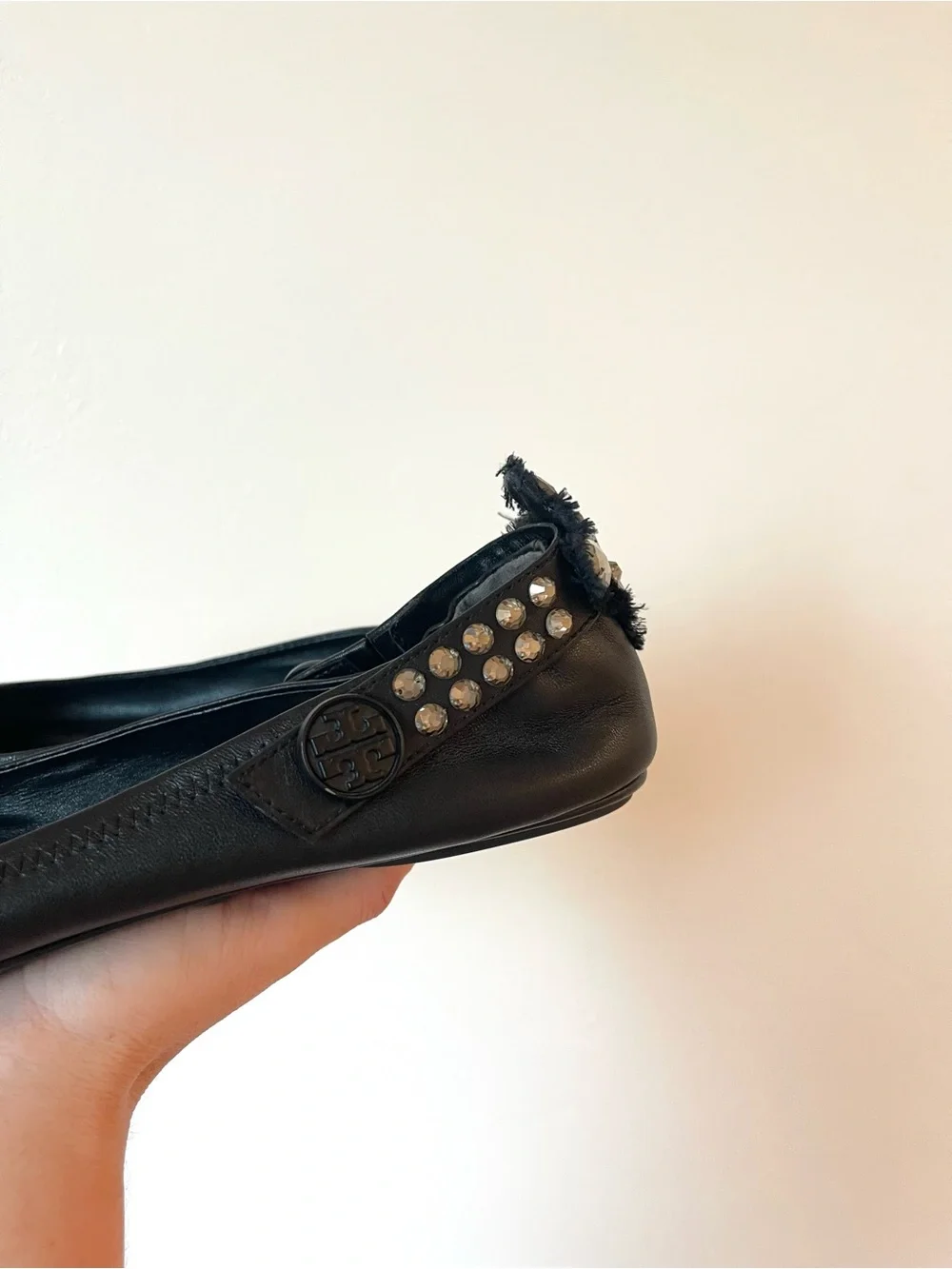 Tory Burch Minnie Black Leather Convertible Crystal Embellished Ballet Flats 10